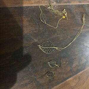 Gold Leaf Filigree Jewelry Set - Necklace, Bracelet & Earrings